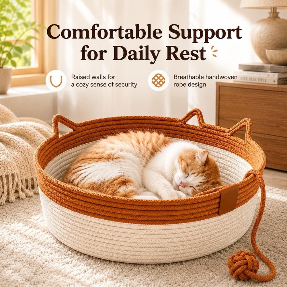 🐱 Handwoven Cat Basket Bed with Hanging Ball Toy ✅