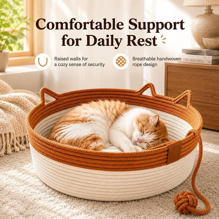 🐱 Handwoven Cat Basket Bed with Hanging Ball Toy ✅