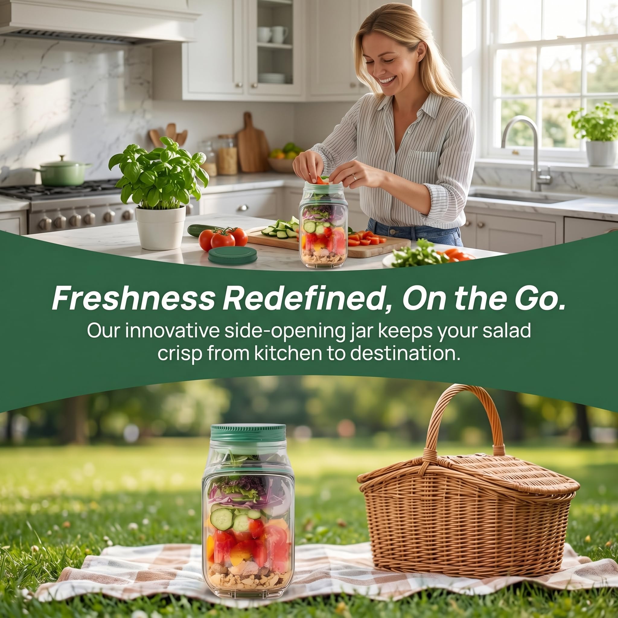 Salad Jar with Side Opening Leakproof Mason Jar Salad Container