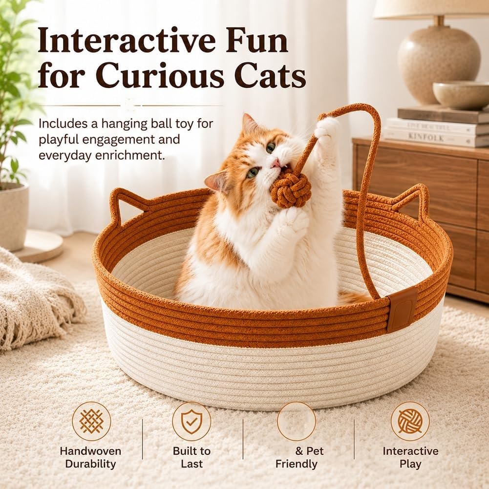 🐱 Handwoven Cat Basket Bed with Hanging Ball Toy ✅