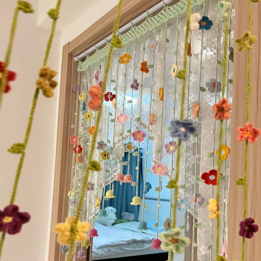 Handmade Crochet Spring Flower Door Curtain | Boho Floral Tassel Curtain for 80cm Doorways