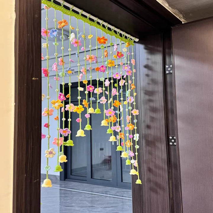 Handmade Crochet Spring Flower Door Curtain | Boho Floral Tassel Curtain for 80cm Doorways