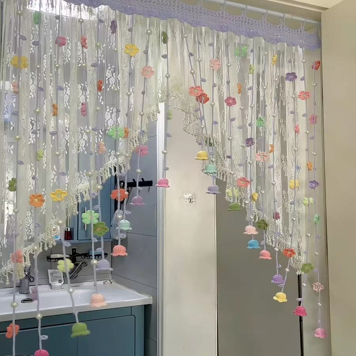 Handmade Crochet Spring Flower Door Curtain | Boho Floral Tassel Curtain for 80cm Doorways